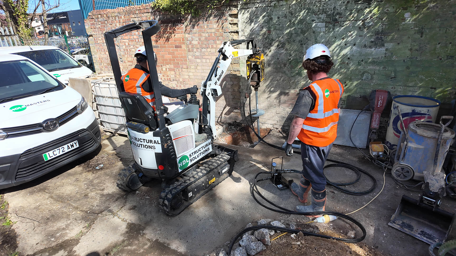 Helical piling installation on site